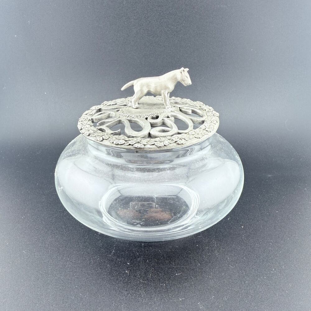 Vtg Glass Jar Pewter Lid – Dog Figurine Handle – Wilton Armetale 1993 – 5”